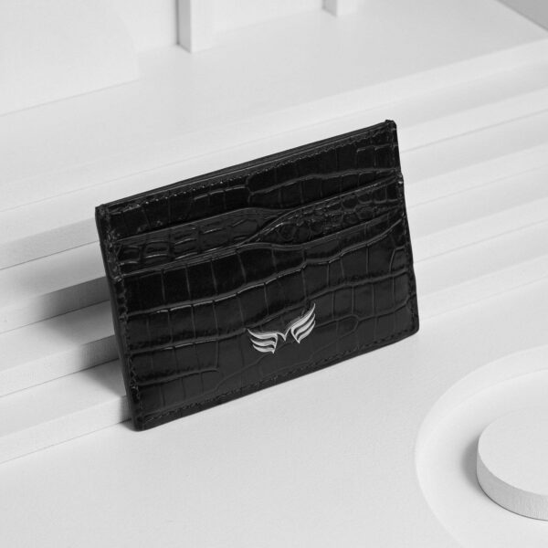 Port card din piele negru croco Maestoso Black Croco Wings Cardholder